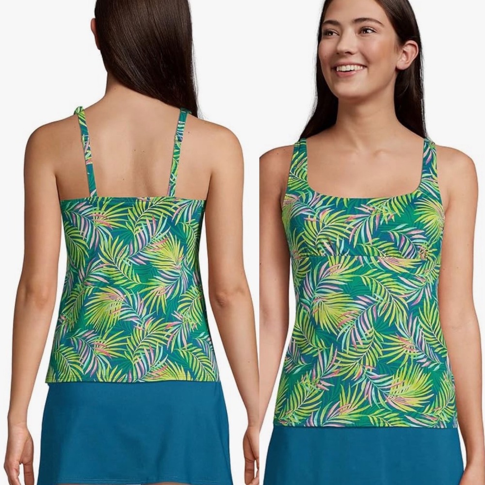 Lands End Tropical Palm Print Tankini Top Swimwear Blue Green